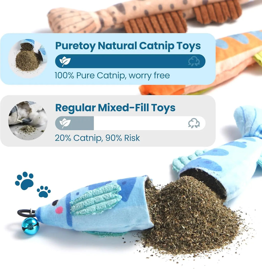 Puretoy 3 Pack Stripey Catnip Fish with Removable Bell, 12000Mg 100%Premium Cat Herb Filling, Natural Stimulation for Cats, Kicking & Teething Cat Toys