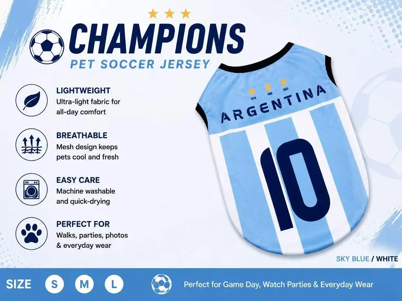 Pet Soccer Jersey for Small Medium Dogs Cats, Cute Game Day Pet Shirt Outfit Fashionable Sports Clothing