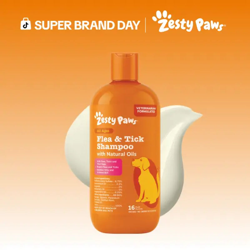 Zesty Paws Flea & Tick Removal Shampoo for Dogs - 16-Fl Oz Natural Soothing Deodorizing Cleaning Formula with Cedarwood Oil & Peppermint for Skin & Coat Care