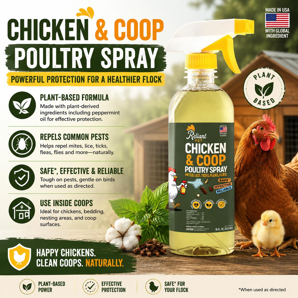 Reliant Pet Poultry Spray for Mites, Lice, Ticks, Fleas & Flies — Safe for Chickens