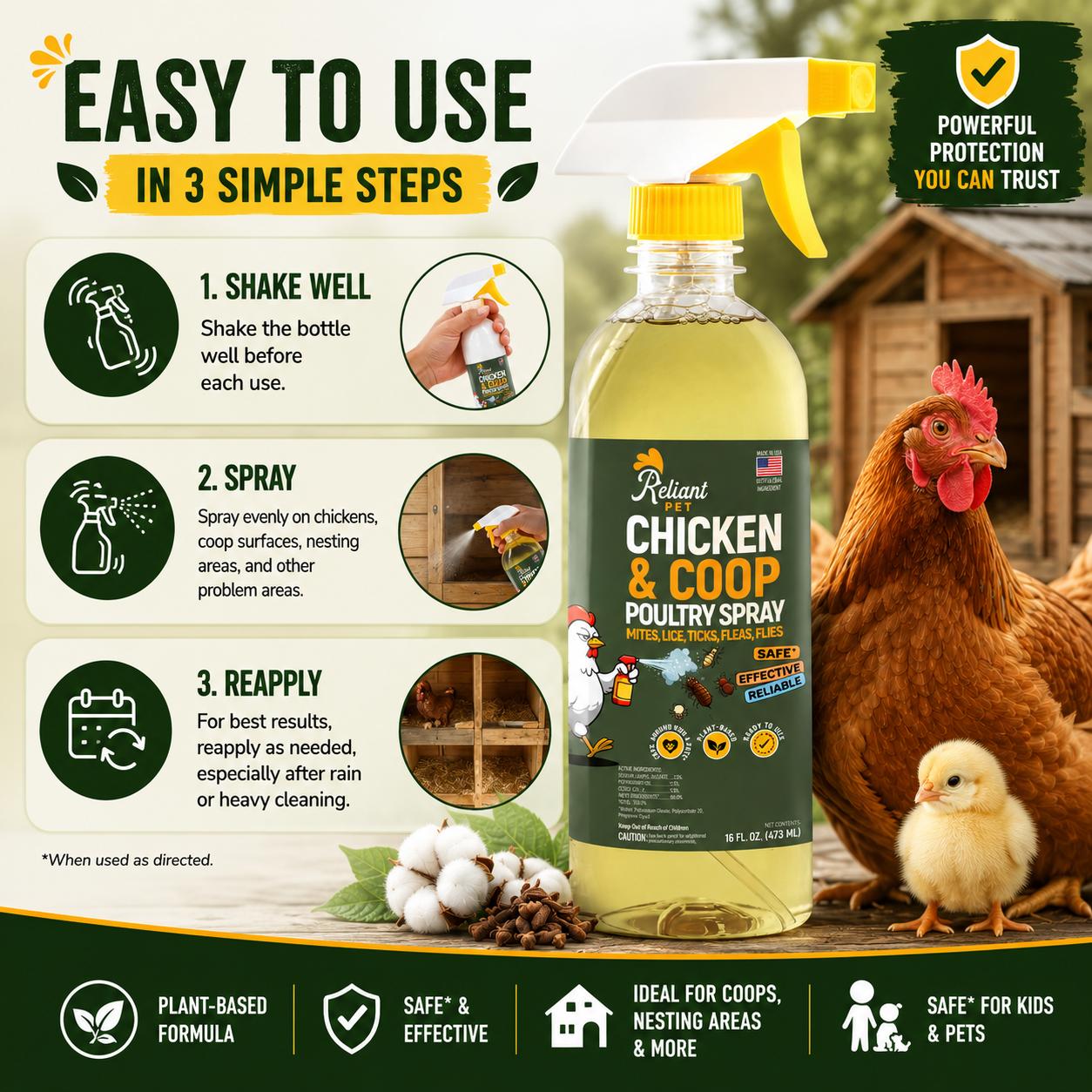 Reliant Pet Poultry Spray for Mites, Lice, Ticks, Fleas & Flies — Safe for Chickens