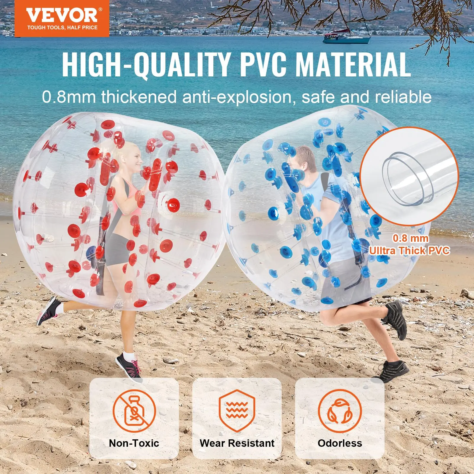 A pair of durable 5 ft inflatable bumper balls made from thick PVC  for Outdoor Group Play (2 pack)