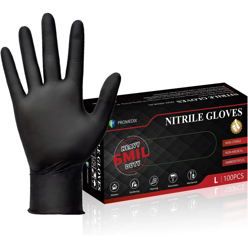 PROMEDIX P Heavy-Duty 6Mil Nitrile Cleaning Gloves, 100-Count Black Disposable Regular Waterproof Gloves, Latex-Free, Powder-Free, for Cooking & Pet Hair Removal