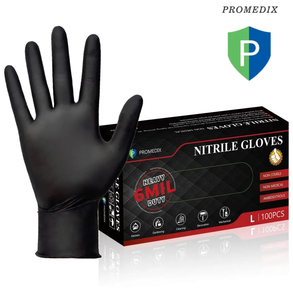 PROMEDIX P Heavy-Duty 6Mil Nitrile Cleaning Gloves, 100-Count Black Disposable Regular Waterproof Gloves, Latex-Free, Powder-Free, for Cooking & Pet Hair Removal